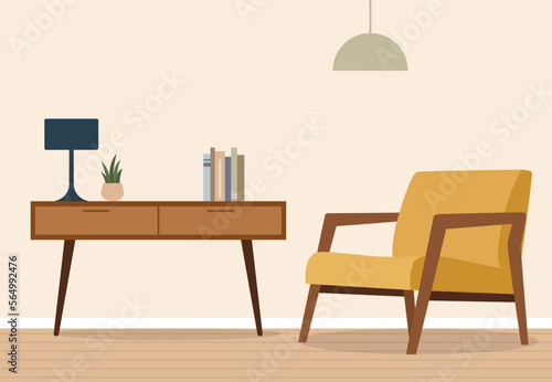 Hand drawn of minimalistic mid century style furniture interior include chair, table and lamp illustration