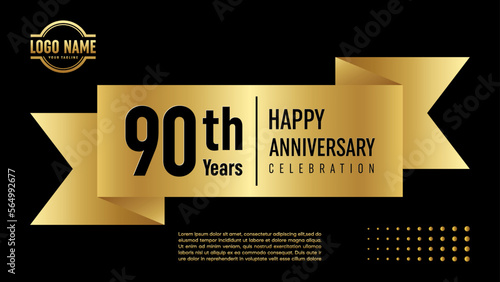 90th Anniversary template design. Anniversary template design concept with golden ribbon for anniversary celebration event, invitation card, greeting card, banner, poster, flyer, book cover. Vector Te