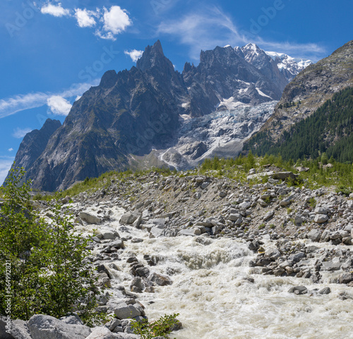 The Mont Blanc Massif with the glacial stream of Brenva glacier over the Entreves - Italy.