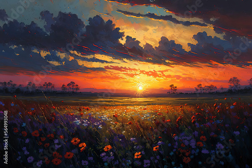 A painting of a sunset over a field of flowers. Generative AI.