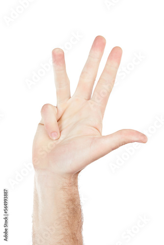 Man, hand and closeup on number four in n studio for countdown, gesture or signal on white background. Hand, guy and communication with fingers for counting, signing or sign language while isolated