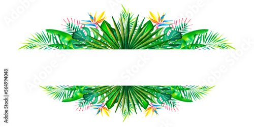 A frame made of tropical plants. Banner. Monstera, palm branch, strelitzia, banana leaves. Watercolor illustration.