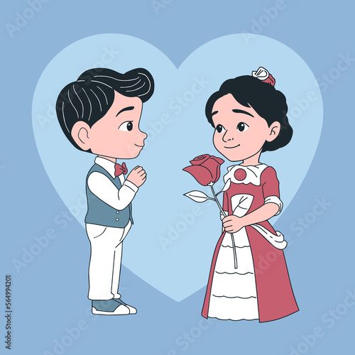 Couple facing each other, woman holding flower on valentines day 