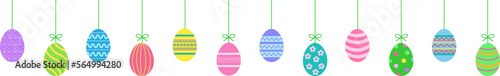 Hanging easter eggs garland.Set of simple colorful eggs. Happy Easter seamless pattern or border. Easter decoration.Easter eggs seamless border.