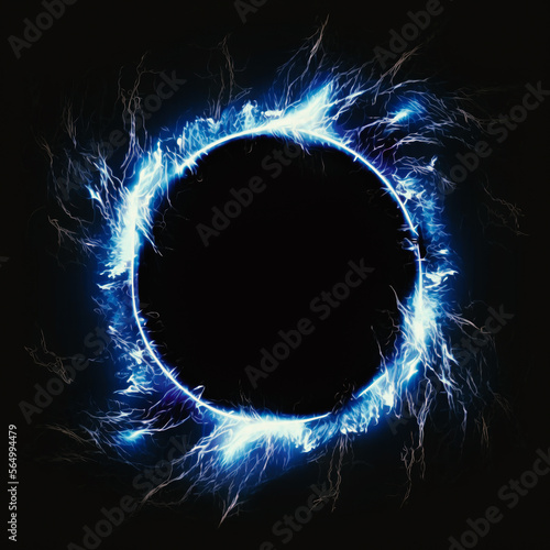 Blue lightning Circle with Glow. Modern Round Frame with Empty Space for Text. Abstract Bright Loop with Transparency. Colorful Shine, Flare. Illustration for Advertising, Banner, Card. Generative ai