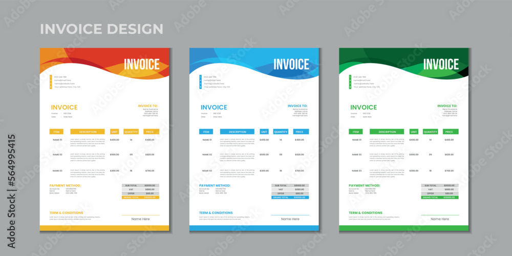 Minimal corporate Business multiple color variation a4 size vector invoice design template