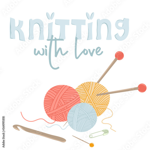 Knitting with love. Skeins of wool yarn with needles and crochet hook. Female hobby. Hand drawn vector illustration of knitting supplies, hobby items, leisure time concept
