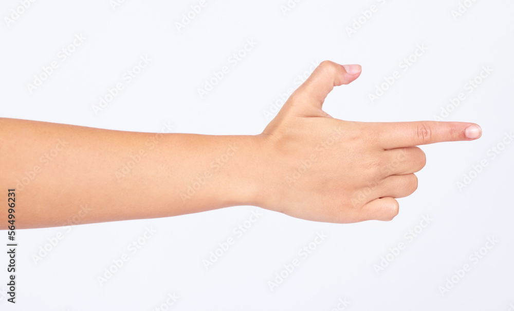 Hand, finger and pointing with a woman in studio isolated on a white background making a gun gesture. Social media, icon and emoji with a female on blank space to choose a decision or point right Hand, finger and pointing with a woman in studio isolated on a white background making a gun gesture. Social media, icon and emoji with a female on blank space to choose a decision or point right