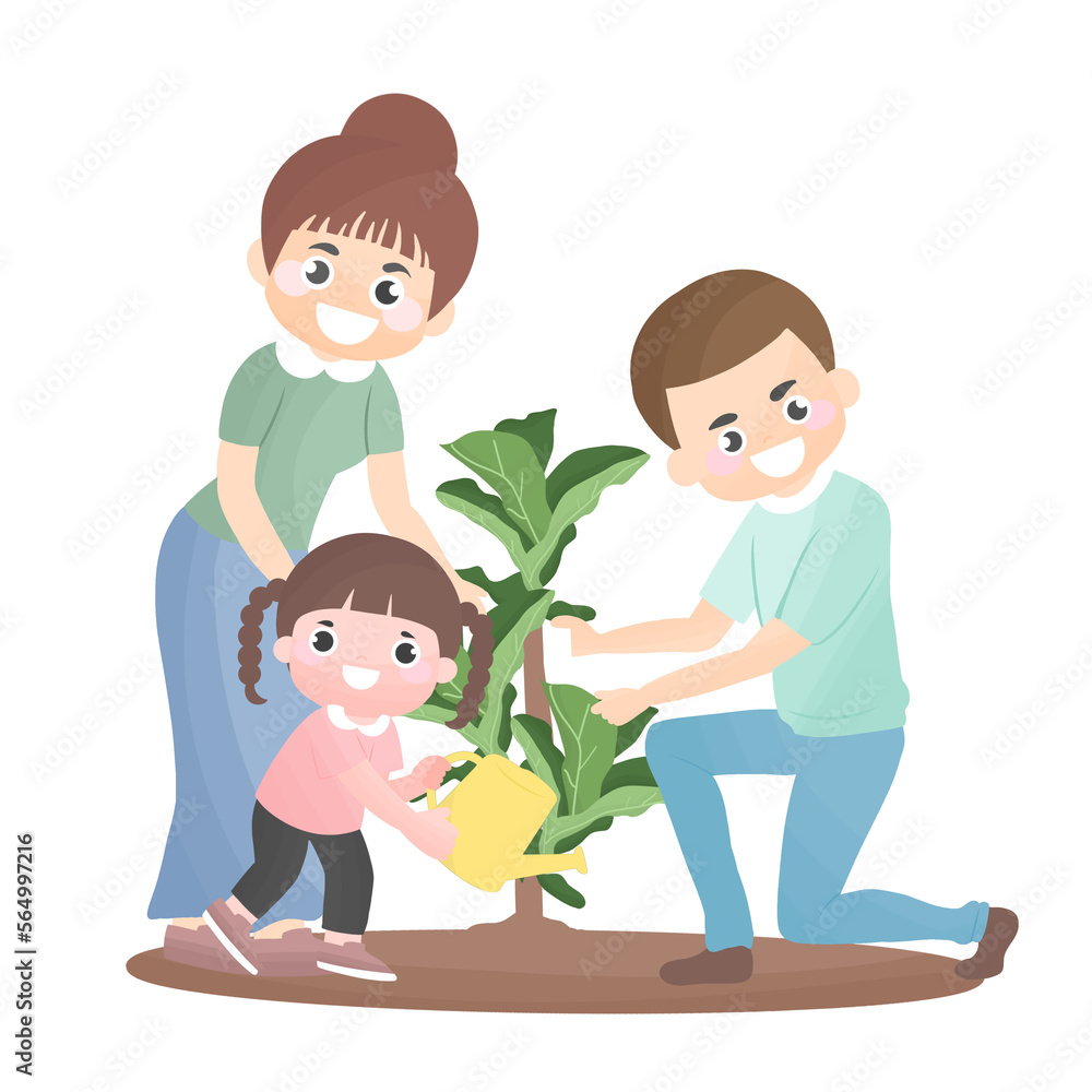 Man, woman, girl planting trees, Cartoon illustration with father, mother and daughter plant tree in their garden, Happy family planting outdoors. Man, woman, girl planting trees, Cartoon illustration with father, mother and daughter plant tree in their garden, Happy family planting outdoors.