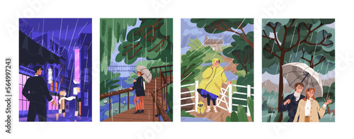 Rainy weather, season cards set. Characters under umbrellas, in raincoat, walking outdoor in heavy rain, wind in summer, spring. Shower, downpour, monsoon postcards. Flat vector illustrations