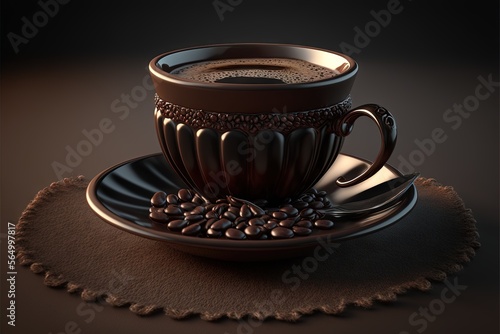  a cup of coffee with a spoon on a saucer and a plate with a spoon on it, on a brown background with a lace edge of a cloth with a scalling.  generative ai photo