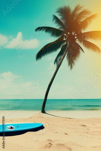 Surfboard and palm tree on beach with beach sign for surfing area. Travel adventure and water sport. relaxation and summer vacation concept. vintage color tone image. - generative ai © unalcreative