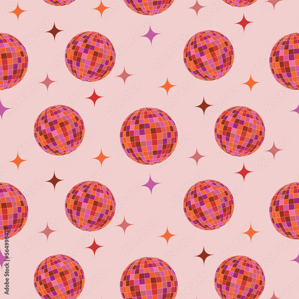 Colorful Disco balls seamless pattern with stars in orange, pink and brown on light background. For retro posters and retro party invitations. 