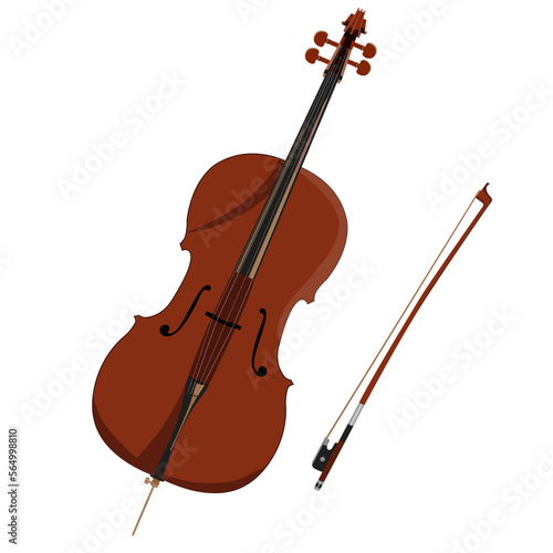 Classical cello with a bow on a white background. Musical instrument, orchestra, symphony, musicians. Vector illustration, isolated.