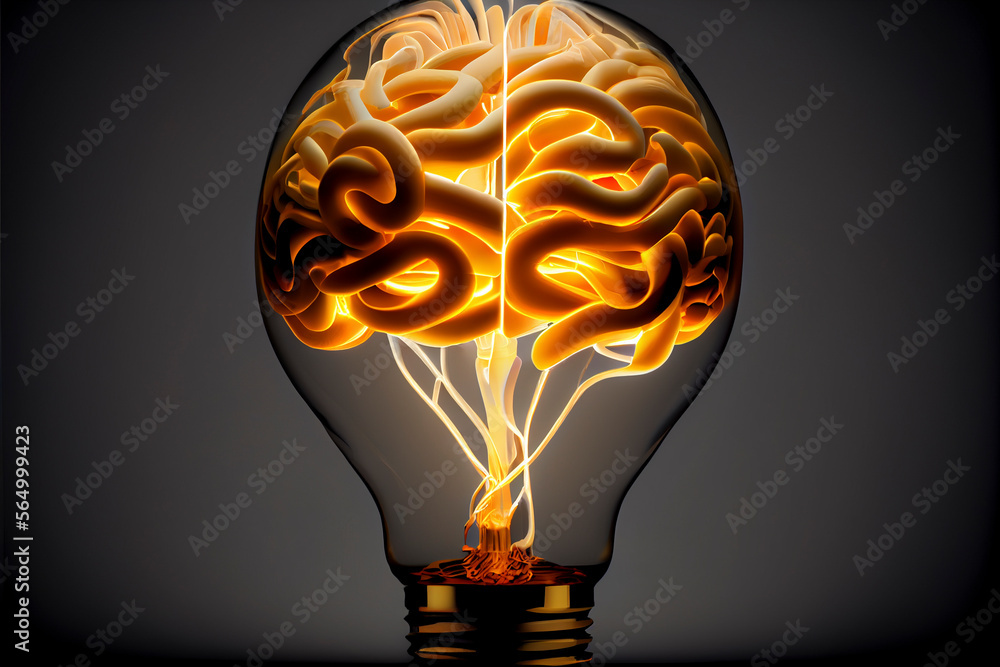 Generative AI illustration of a incandescent brain inside a light bulb ...