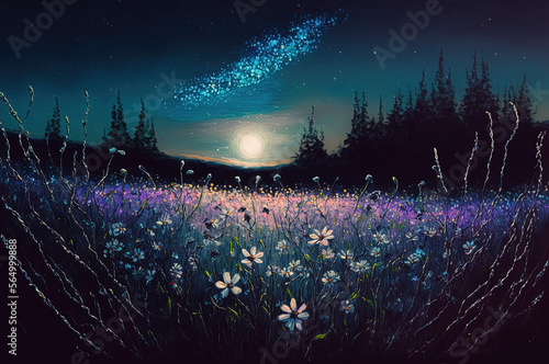 A painting of a field of flowers under a night sky. Generative AI.