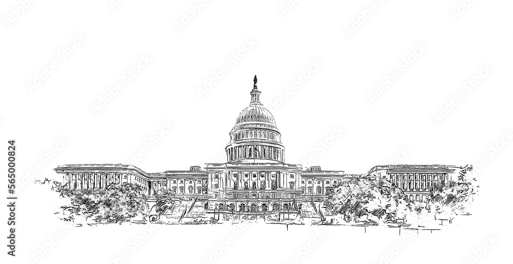 United States Capitol west side facade, ink sketch illustration.