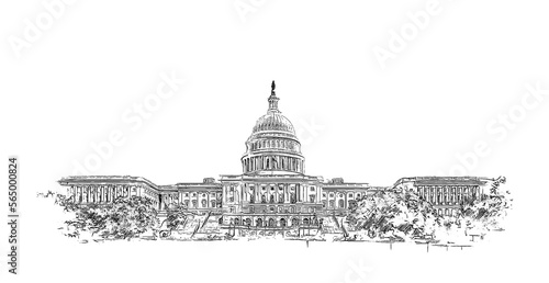 United States Capitol west side facade, ink sketch illustration. photo