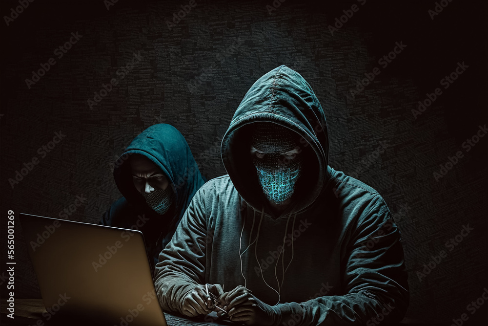 Two hackers planning an online crime with a laptop Generative AI Two hackers planning an online crime with a laptop Generative AI