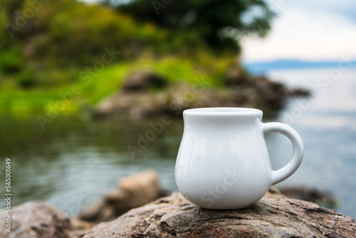A cream mug standing still on the top of a rock while showing the out of focus scenery at the background