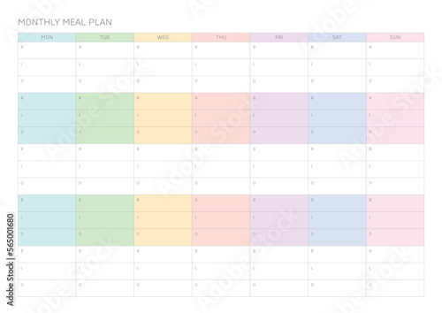 A monthly meal plan design template in a modern, simple, and minimalist style. Note, scheduler, diary, calendar, planner document template illustration.