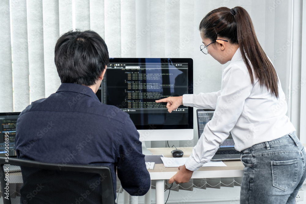 Fototapeta premium Team of two professional programmers working on website projects in software development and making coding and typing data code password security in office