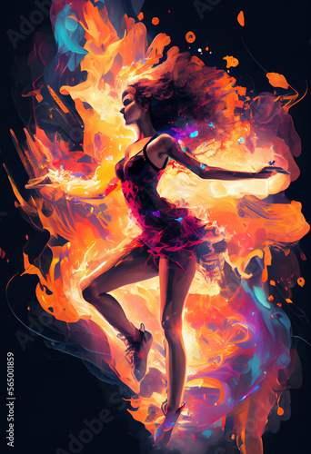 Dynamic passionate dance artistic painted illustration. Not an actual real person.  
Digitally generated AI image.