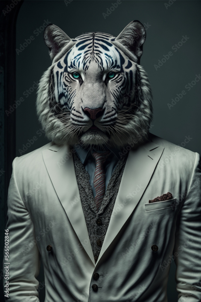 White tiger in a bold abstract suit design