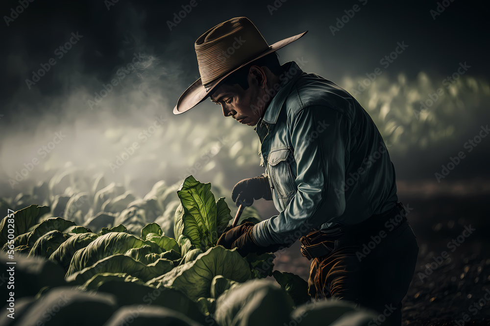Farmer harvesting of tobacco leaves, sunset light. Agriculture industry concept. Generation AI