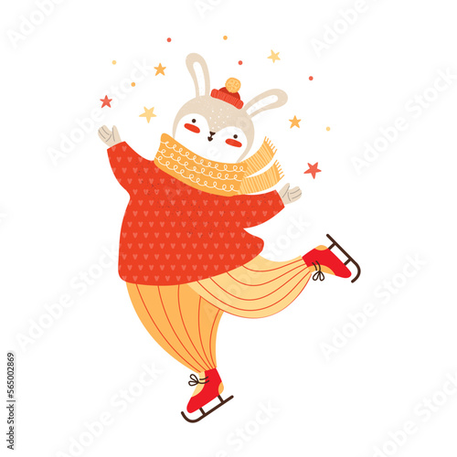 Wallpaper Mural Cute bunny ice skating. Funny cartoon character rabbit throws a serpentine in shape of stars. Hare in warm winter clothes isolated on white background. New Year or Christmas. Hand drawn illustration. Torontodigital.ca