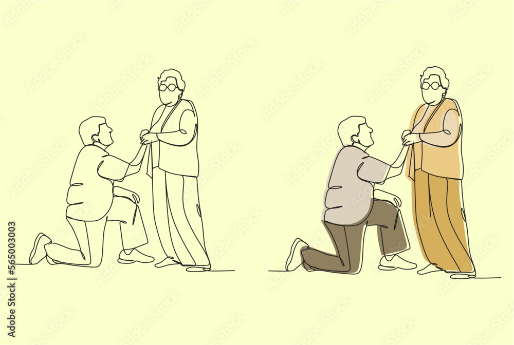 Elderly couple in continuous line art drawing style. Senior man and woman walking together holding hands. Minimalist black linear sketch isolated on white background. Vector illustration Elderly couple in continuous line art drawing style. Senior man and woman walking together holding hands. Minimalist black linear sketch isolated on white background. Vector illustration