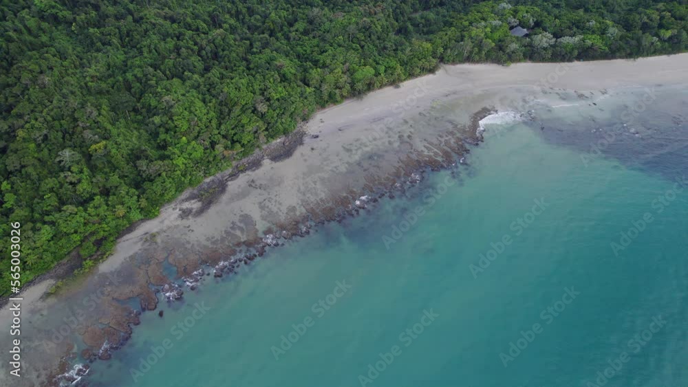 Waves At The Beach Splashing On The Shore Of Cape Tribulation With Dense Rainforest In Tropical North Queensland, Australia. aerial Waves At The Beach Splashing On The Shore Of Cape Tribulation With Dense Rainforest In Tropical North Queensland, Australia. aerial