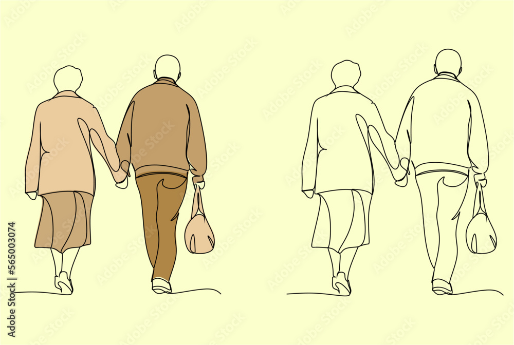 Elderly couple in continuous line art drawing style. Senior man and ...