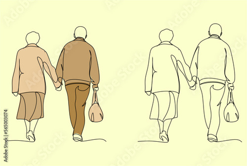 Elderly couple in continuous line art drawing style. Senior man and woman walking together holding hands. Minimalist black linear sketch isolated on white background. Vector illustration