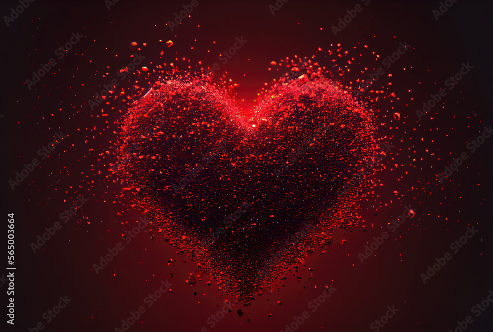 Red heart with dust particle disintegration effect on red background. Generative AI