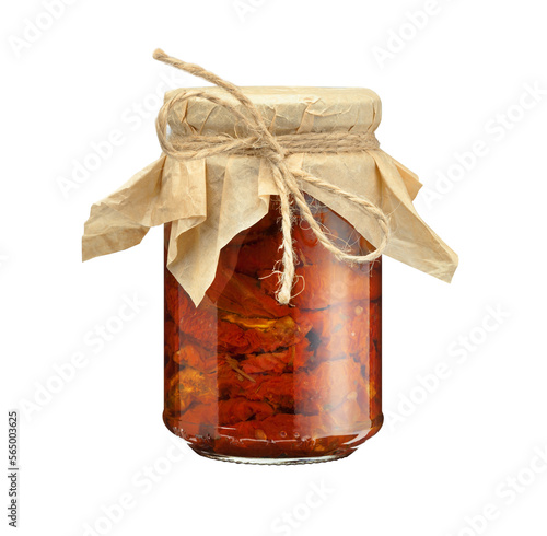 Homemade sun-dried tomatoes in the jar temporary closing-down isolated on a transparent background