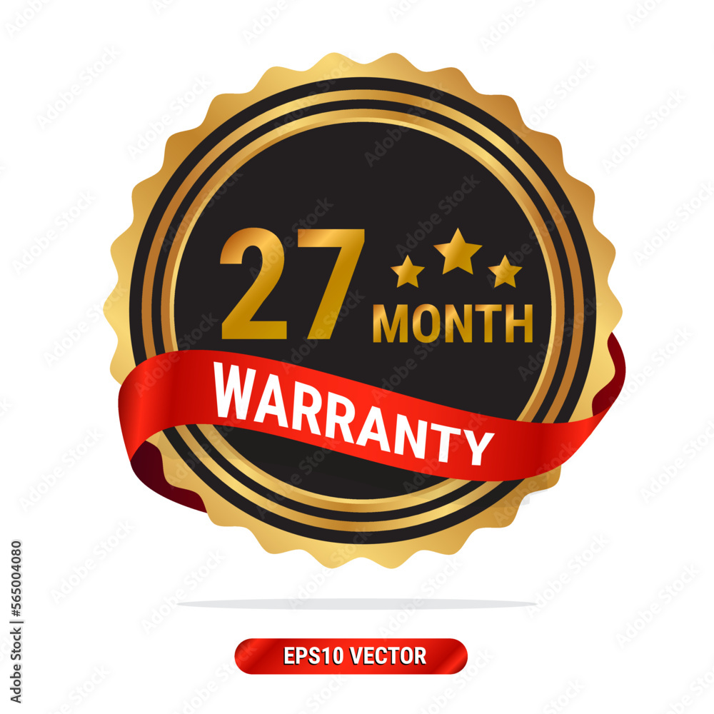 27 month warranty golden seal, stamp, badge, stamp, sign, label with red ribbon isolated on white background.