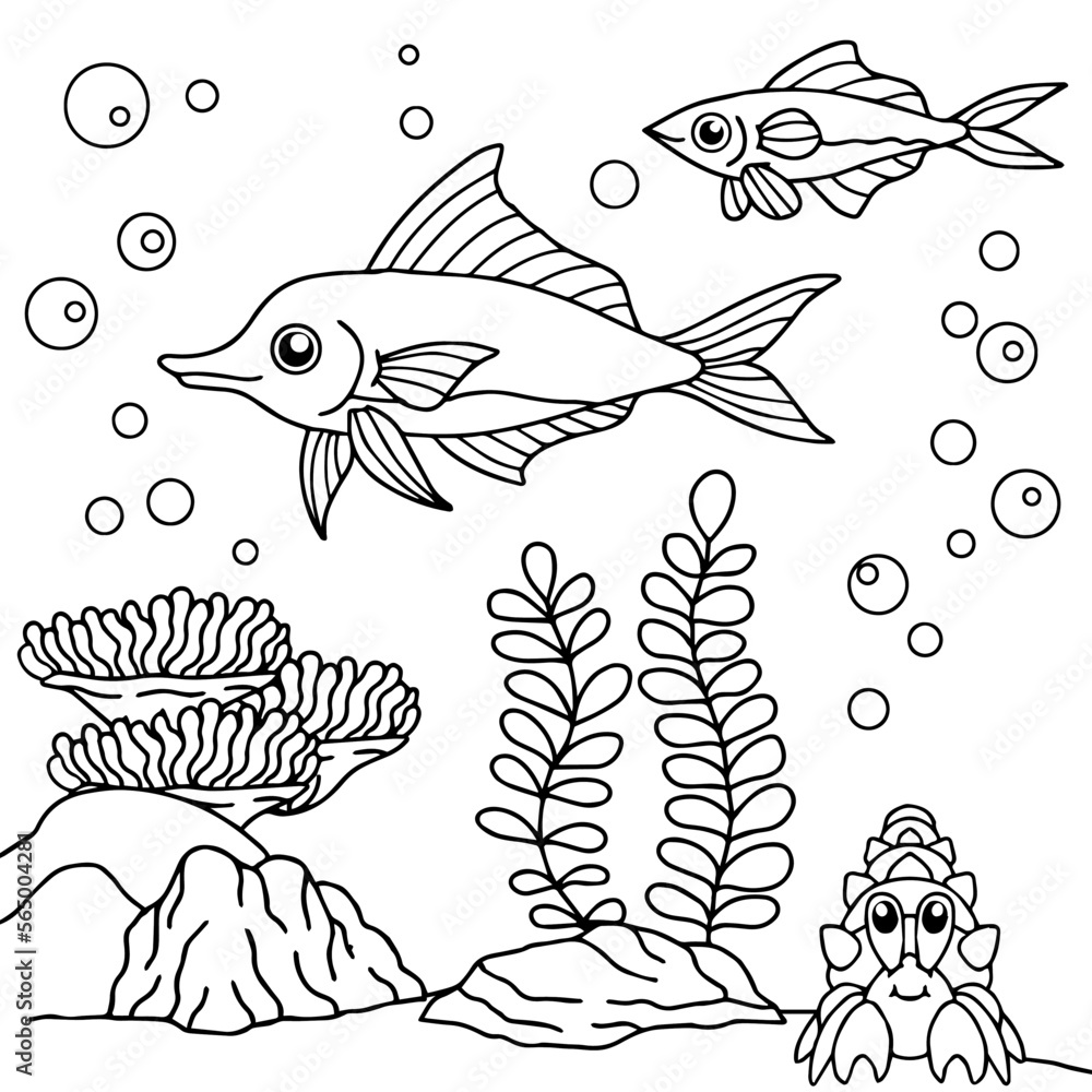 Coloring Fish Layout design aqua fish outline coloring page for kid Stock Vector | Adobe Stock