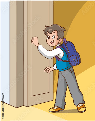 student boy knocking on classroom door cartoon vector