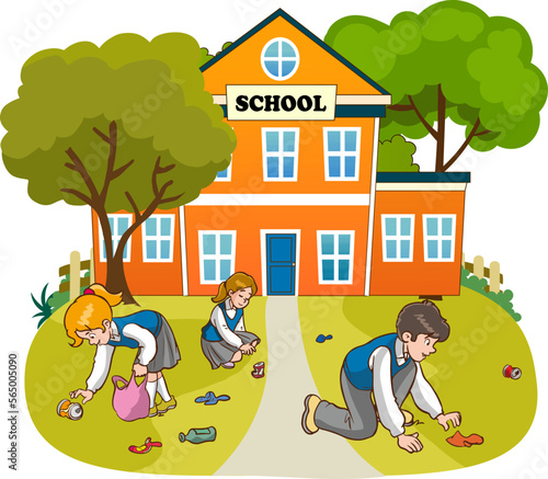 Kids volunteering cleaning up school cartoon vector illustration 