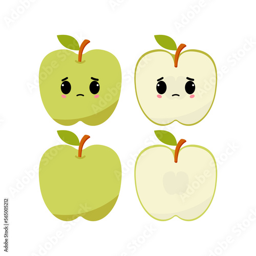 Upset green apple with kawaii emoji. Flat design vector illustration of green apple in white background	