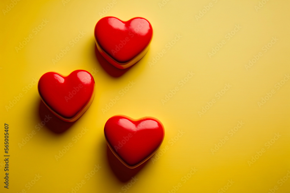 Three Valentines Day red love hearts, glossy texture, yellow background, holiday, background, wallpaper, web, social media app.