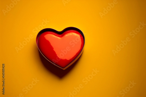 Valentines Day red love heart cake  glossy texture  yellow background  holiday  background  wallpaper  web  social media app.