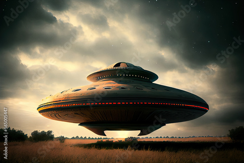 UFO space ship outdoors in the sky at sunset. 
Digitally generated AI image