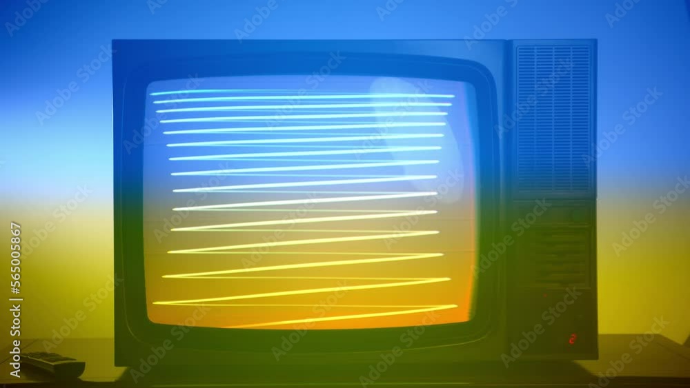 Old vintage TV on blue and yellow background, blinking horizontal