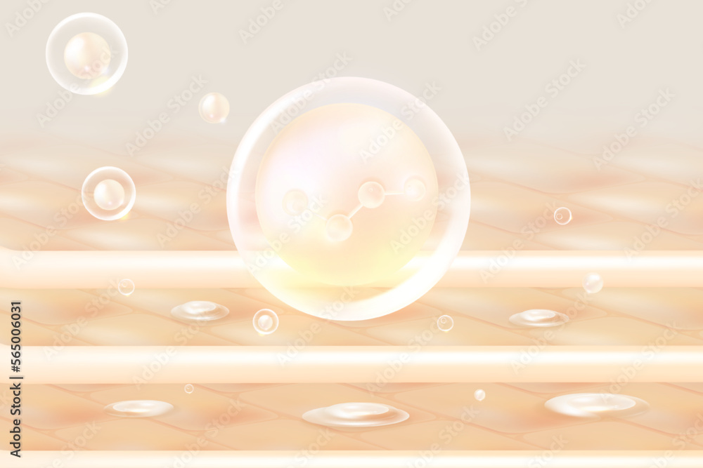 Hyaluronic acid hair and skin solutions ad, white collagen serum drop into skin cells with cosmetic advertising background ready to use, illustration vector. Hyaluronic acid hair and skin solutions ad, white collagen serum drop into skin cells with cosmetic advertising background ready to use, illustration vector.
