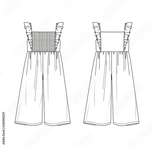 girl jumpsuit shirred detail technical drawing. Wide leg detail