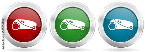 Robot, automatic grass mower vector icon set. Red, blue and green silver metallic web buttons with chrome border