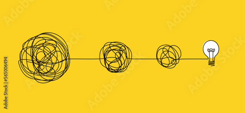 idea generation and collecting thoughts concept, brainstorming continuous single line drawing with complex entangled line unraveling to glowing light bulb, line art vector illustration