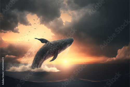 A whale jumps out of the water at sunset, Generative AI,